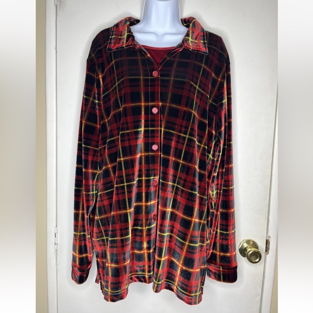 Women’s Button Up Shirt Set Size XL Denim & Co. Plaid Long Sleeve Soft Stretch